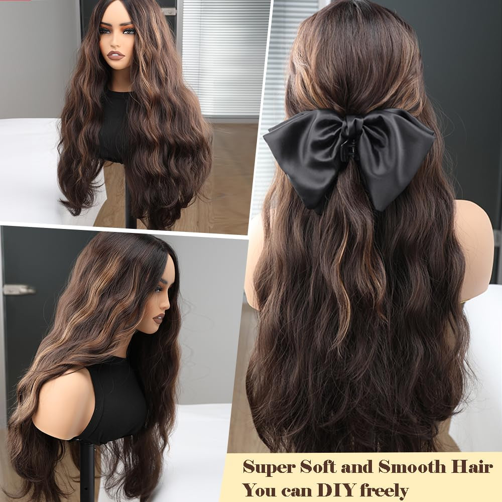 Skunk Synthetic Lace Front Wig 28 Inch Long Wavy Natural Wave Wigs 13×4×1 Pre Plucked Glueless Wig Synthetic Hair for Women Loose Body Wave with Natural Hairline Heat Resistant Synthetic Wavy Wig