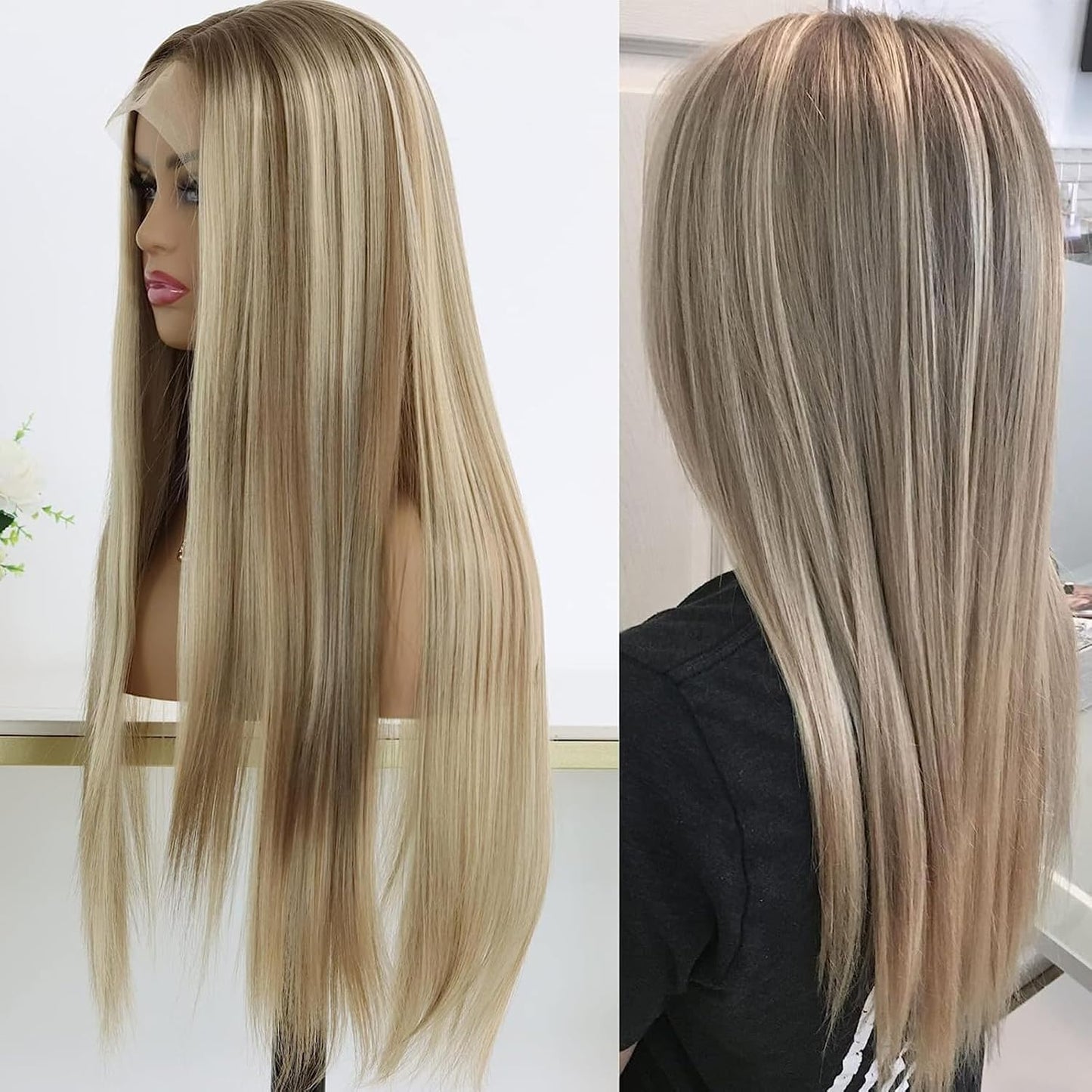 3 Tone Ombre Brown Synthetic Lace Front Wig for Women Glueless Long Straight Brown Colored 13X4 Lace Front Wig Pre Plucked 150 Density 24 Inches