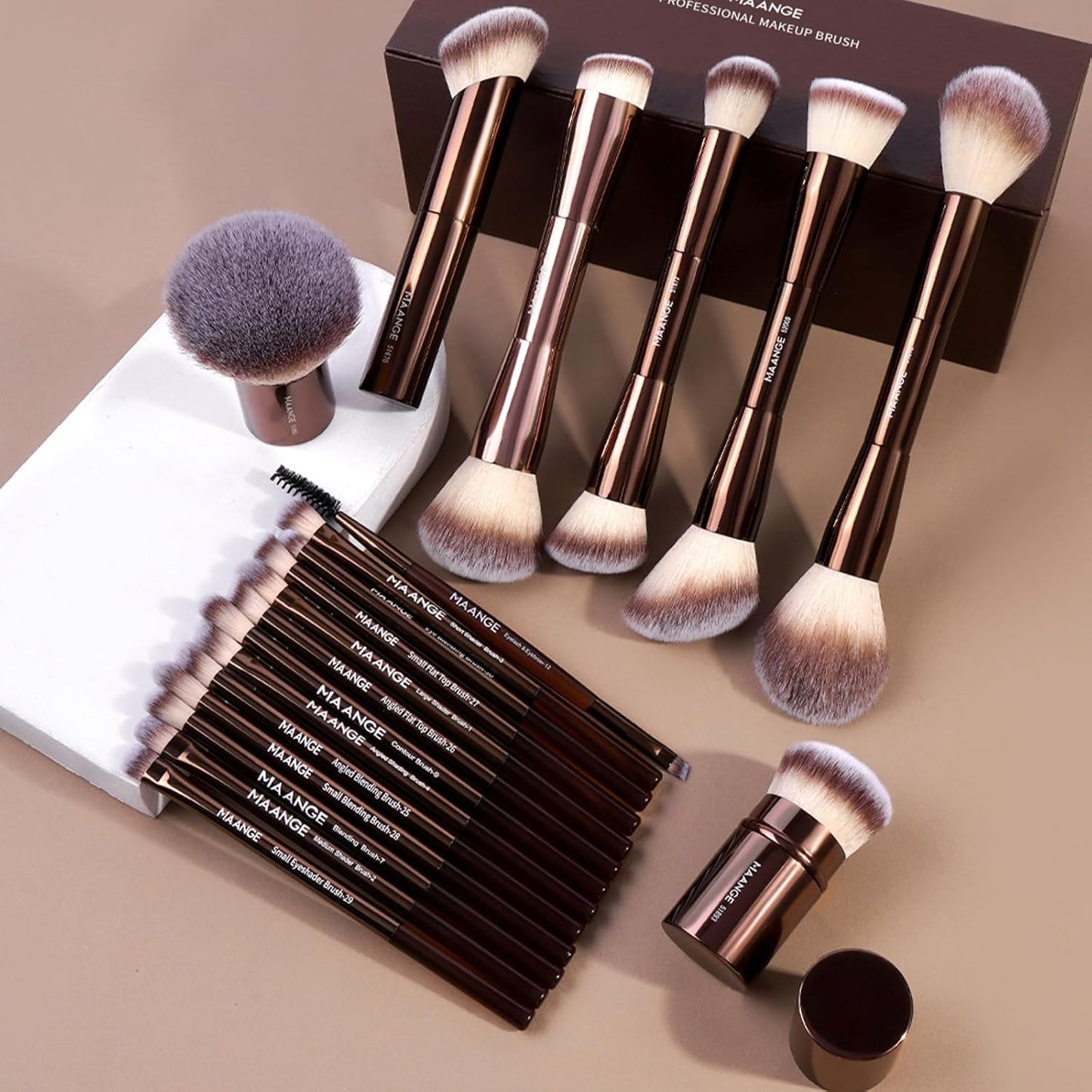 20 Pcs Makeup Brushes with Gift Box, Double-End Multi-Functional Makeup Brushes for Blending Liquid Powder Concealer Cream Blush Buffe,Coffeebrown