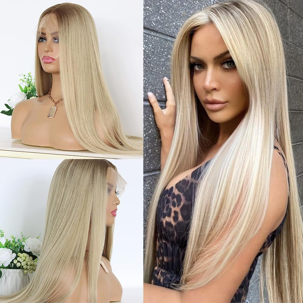 3 Tone Ombre Brown Synthetic Lace Front Wig for Women Glueless Long Straight Brown Colored 13X4 Lace Front Wig Pre Plucked 150 Density 24 Inches