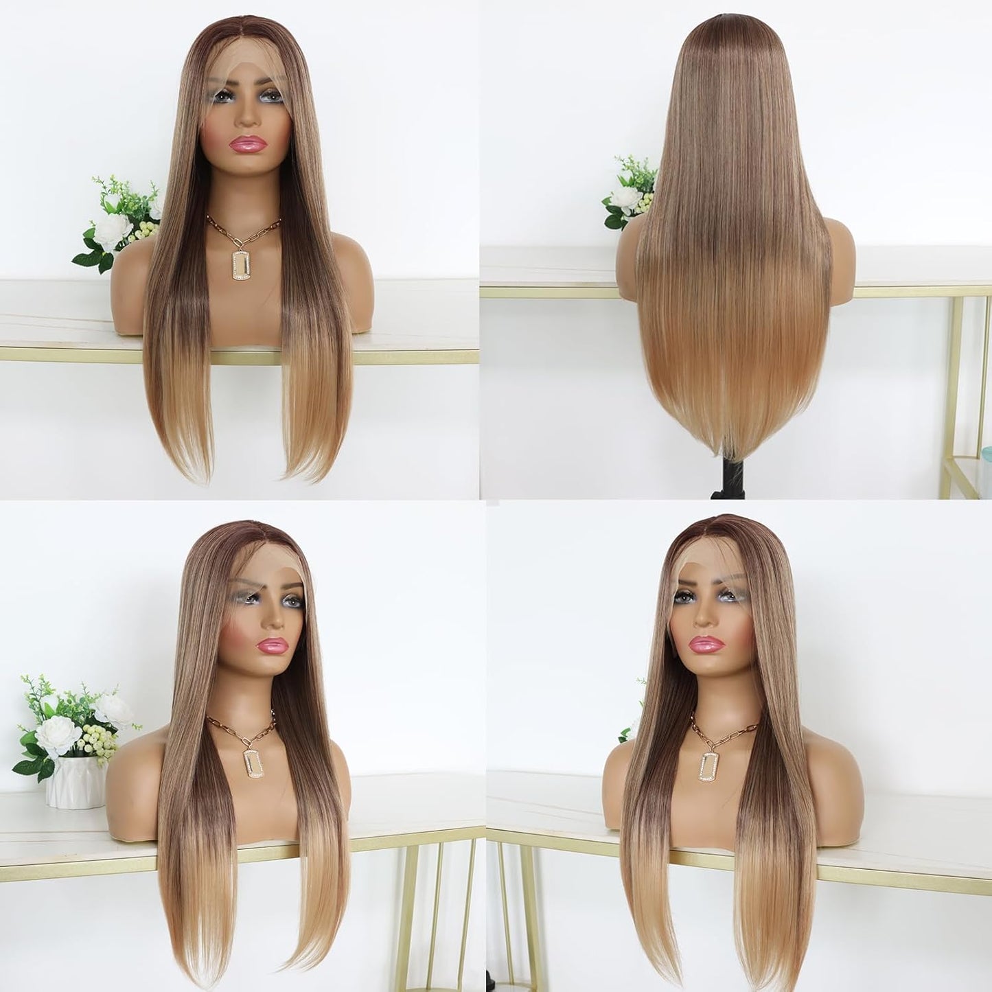 3 Tone Ombre Brown Synthetic Lace Front Wig for Women Glueless Long Straight Brown Colored 13X4 Lace Front Wig Pre Plucked 150 Density 24 Inches