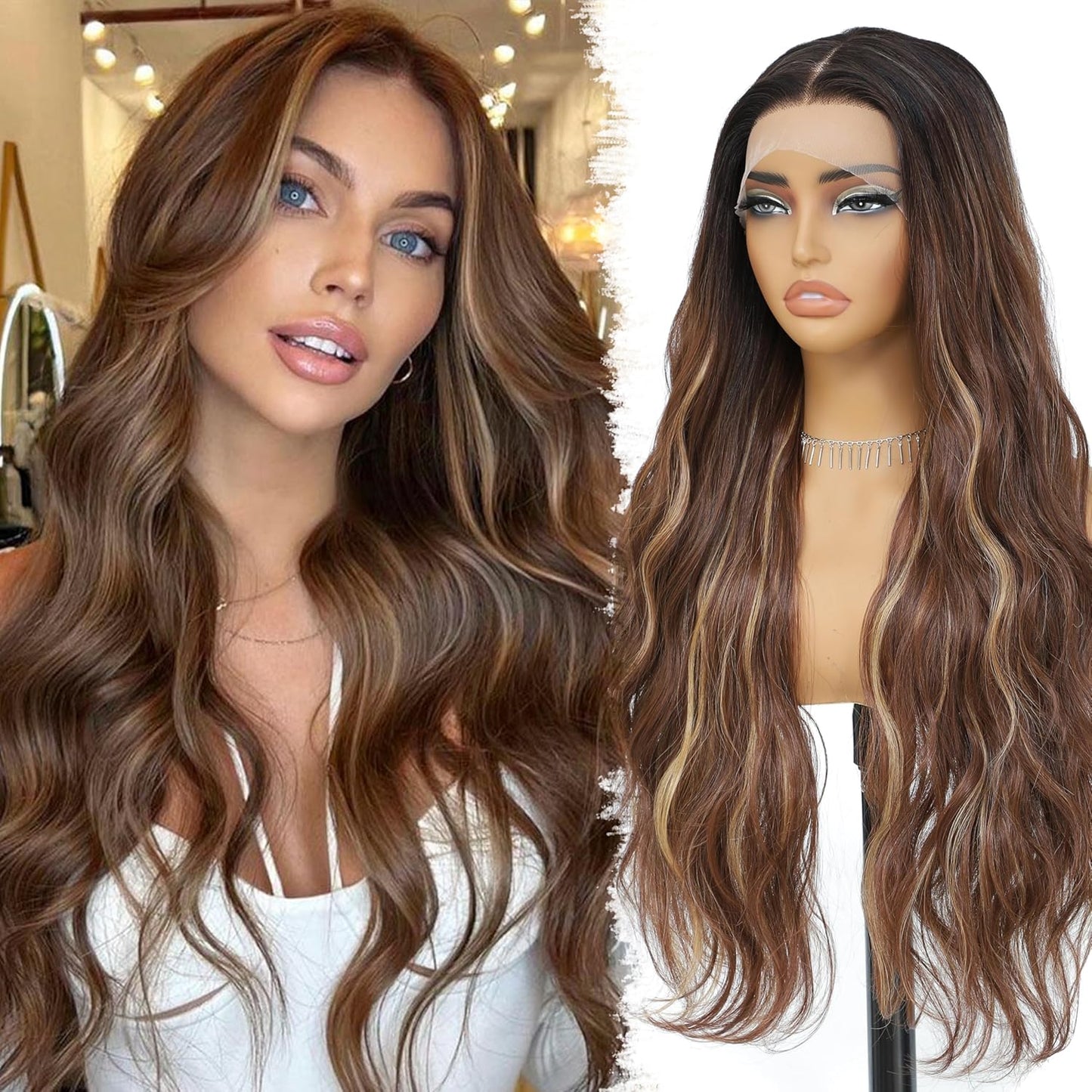 Skunk Synthetic Lace Front Wig 28 Inch Long Wavy Natural Wave Wigs 13×4×1 Pre Plucked Glueless Wig Synthetic Hair for Women Loose Body Wave with Natural Hairline Heat Resistant Synthetic Wavy Wig