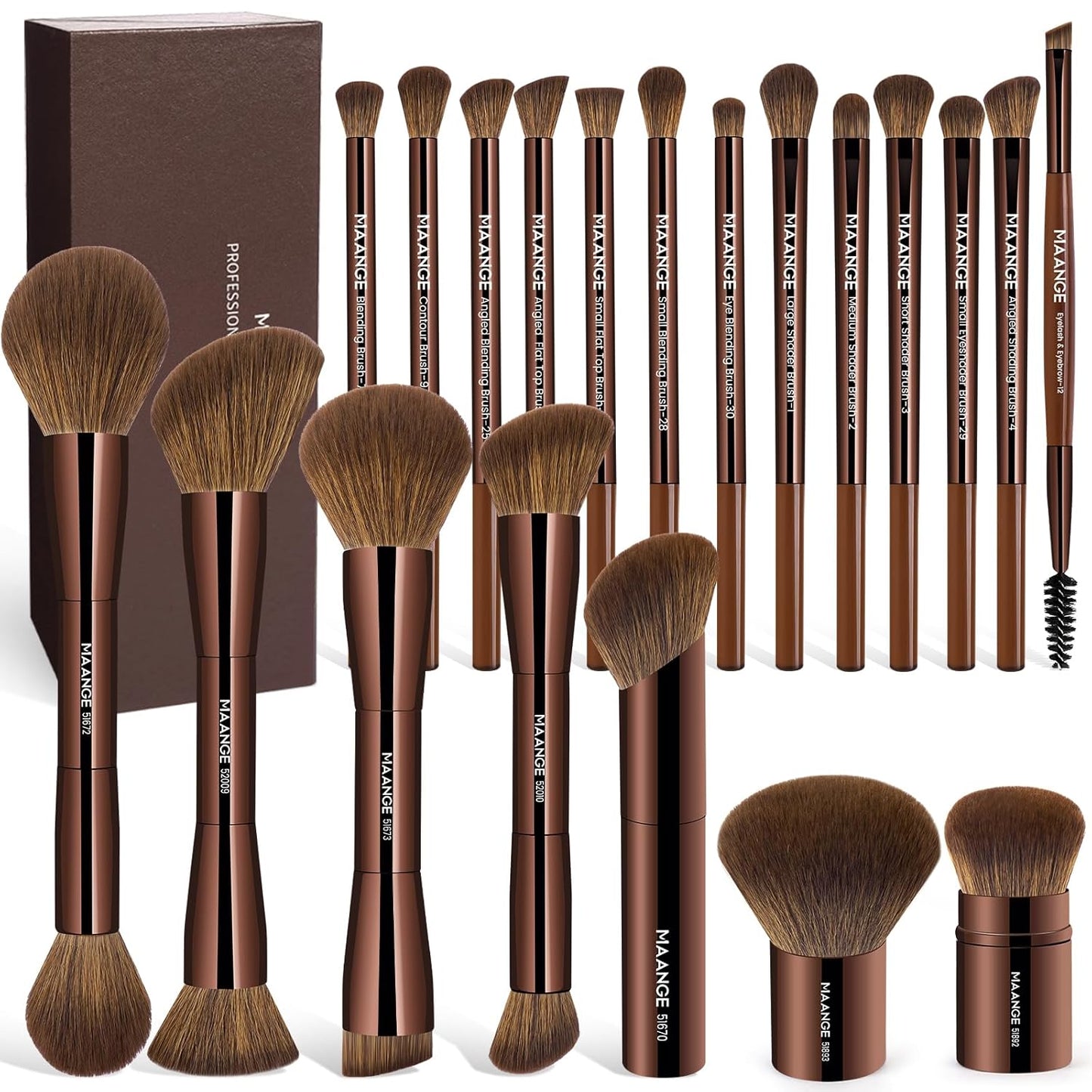 20 Pcs Makeup Brushes with Gift Box, Double-End Multi-Functional Makeup Brushes for Blending Liquid Powder Concealer Cream Blush Buffe,Coffeebrown