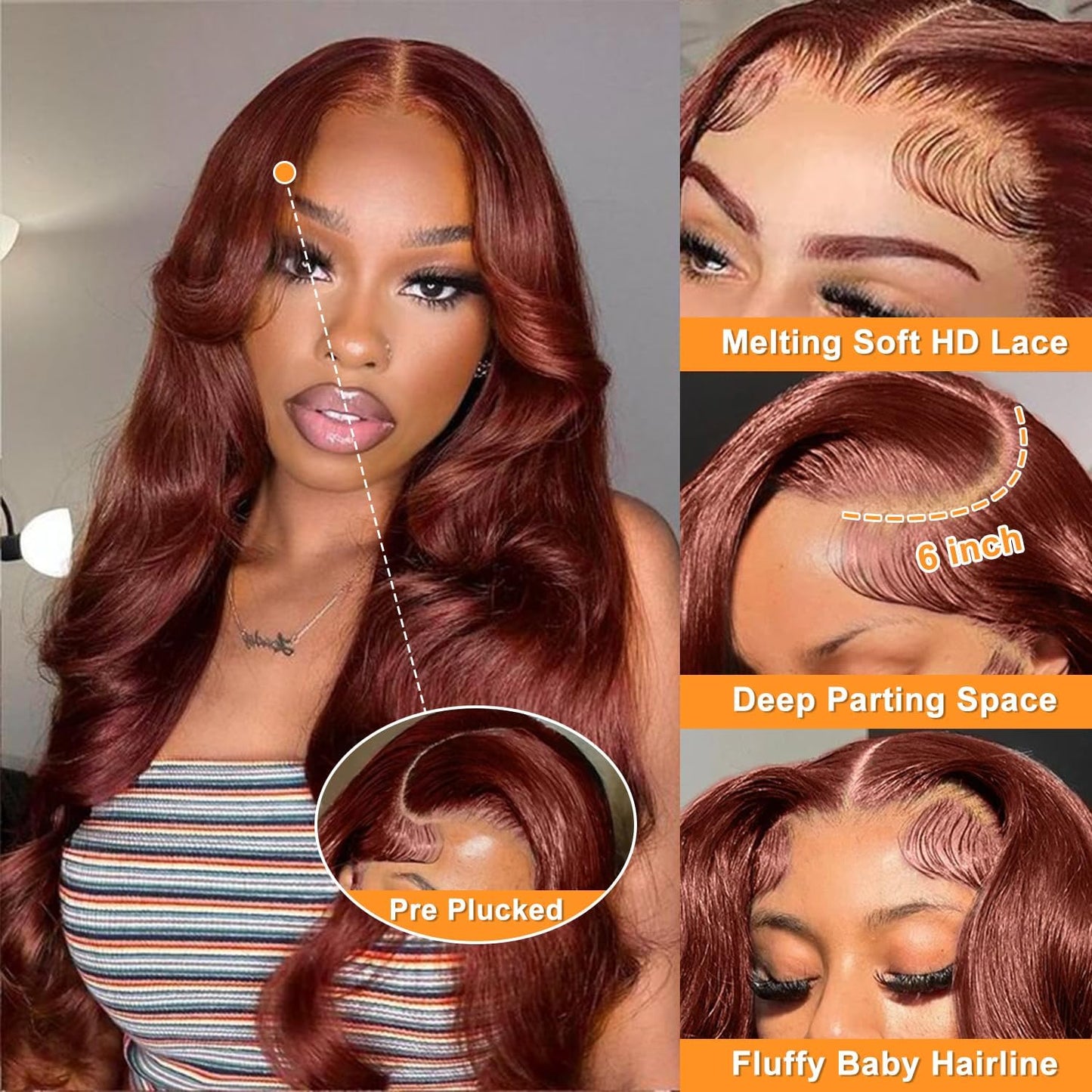 13X6 Reddish Brown Lace Front Wigs Human Hair Pre Plucked Body Wave 13X6 HD Lace Frontal Wig for Women 220% Density Auburn Brown Colored Frontal Wigs Human Hair 20 Inch