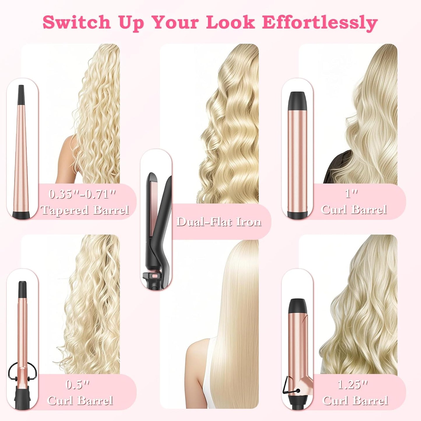 5 in 1 Curling Iron with Interchangeable Ceramic Barrels (0.35"-1.25"), Curling Wand Set with Flat Iron Hair Straightener, Instant Heat Up, Dual Voltage Hair Curler, Gifts for Women