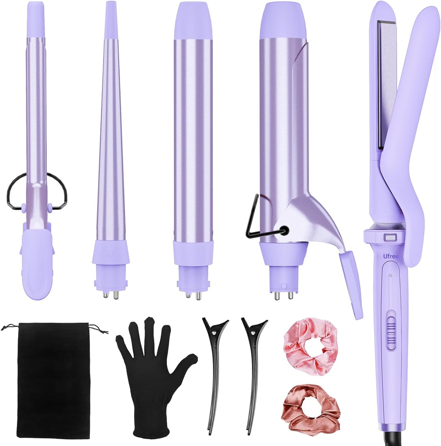 5 in 1 Curling Iron with Interchangeable Ceramic Barrels (0.35"-1.25"), Curling Wand Set with Flat Iron Hair Straightener, Instant Heat Up, Dual Voltage Hair Curler, Gifts for Women