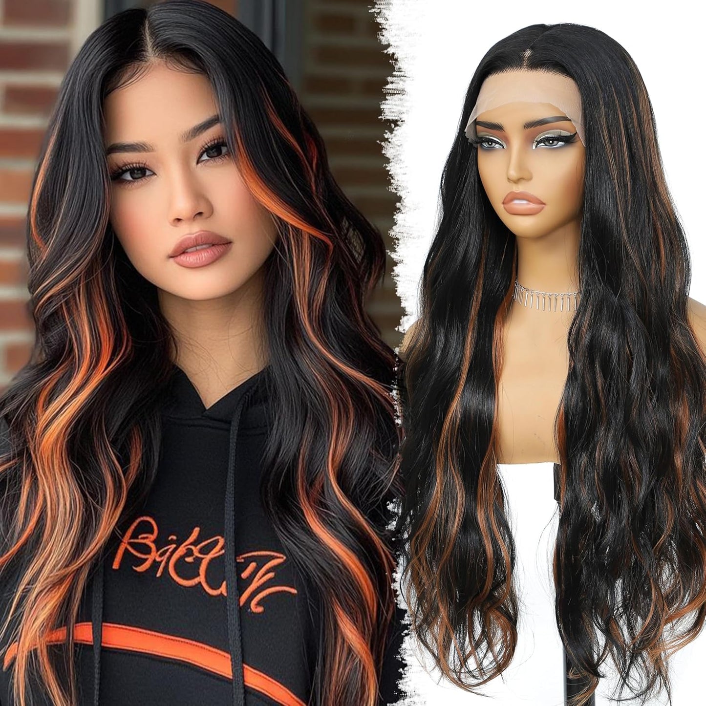 Skunk Synthetic Lace Front Wig 28 Inch Long Wavy Natural Wave Wigs 13×4×1 Pre Plucked Glueless Wig Synthetic Hair for Women Loose Body Wave with Natural Hairline Heat Resistant Synthetic Wavy Wig