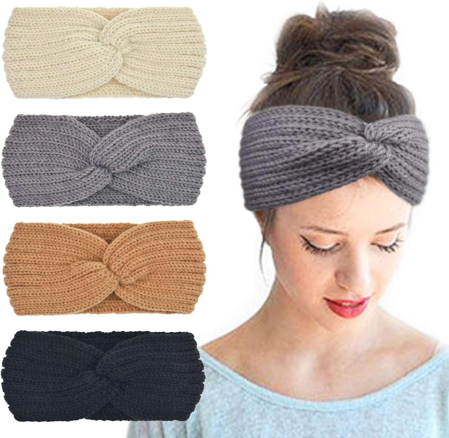 Winter Knit Chunky Headbands for Women Crochet Turban Knitted Ear Warmer Head Wrap Winter Accessories 4 Pack