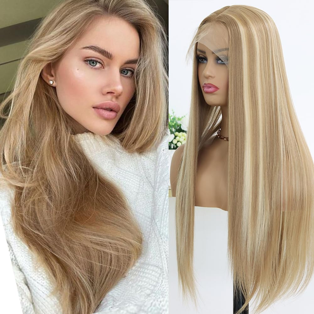 3 Tone Ombre Brown Synthetic Lace Front Wig for Women Glueless Long Straight Brown Colored 13X4 Lace Front Wig Pre Plucked 150 Density 24 Inches