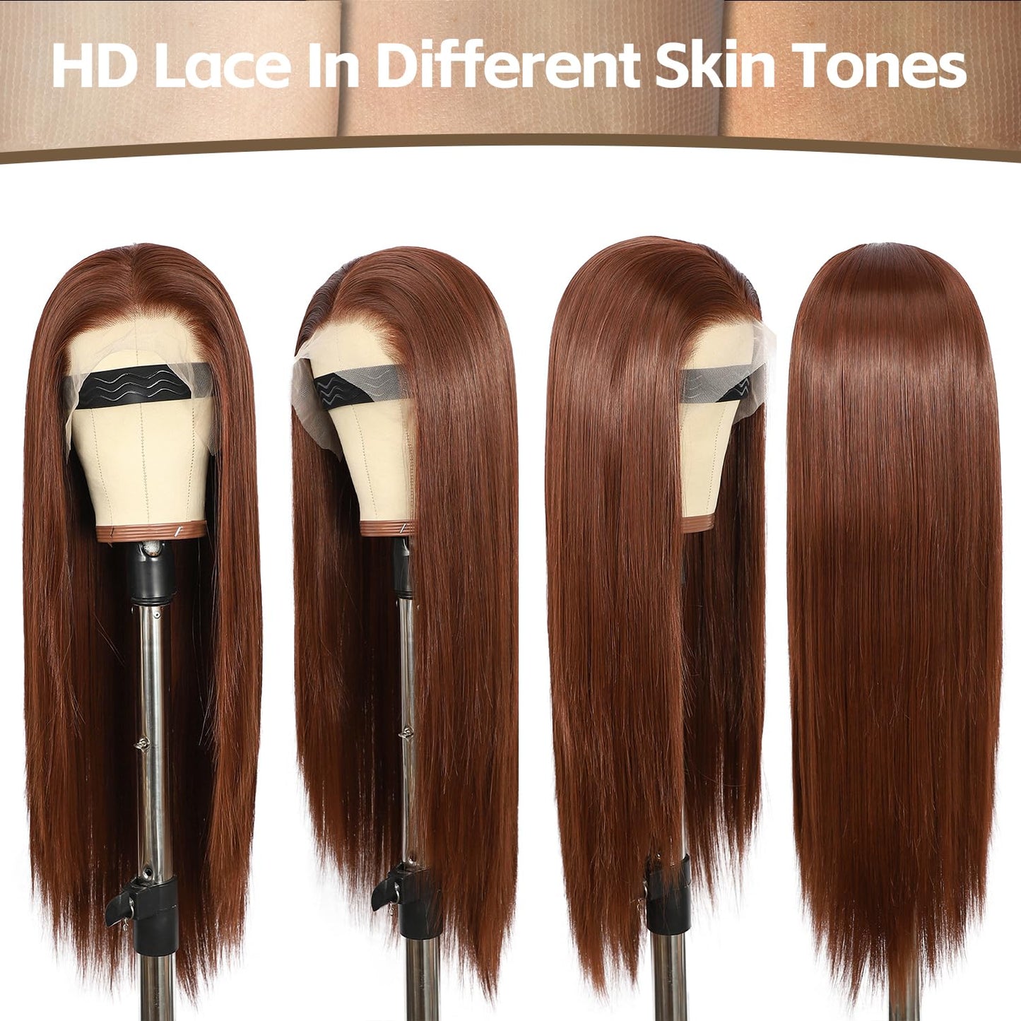 13X6 Auburn Brown Glueless Wig Synthetic Long Straight Lace Front Wigs for Women Pre-Plucked Ready to Wear Upgraded with Premium Fiber 26 Inch Daily Party Use