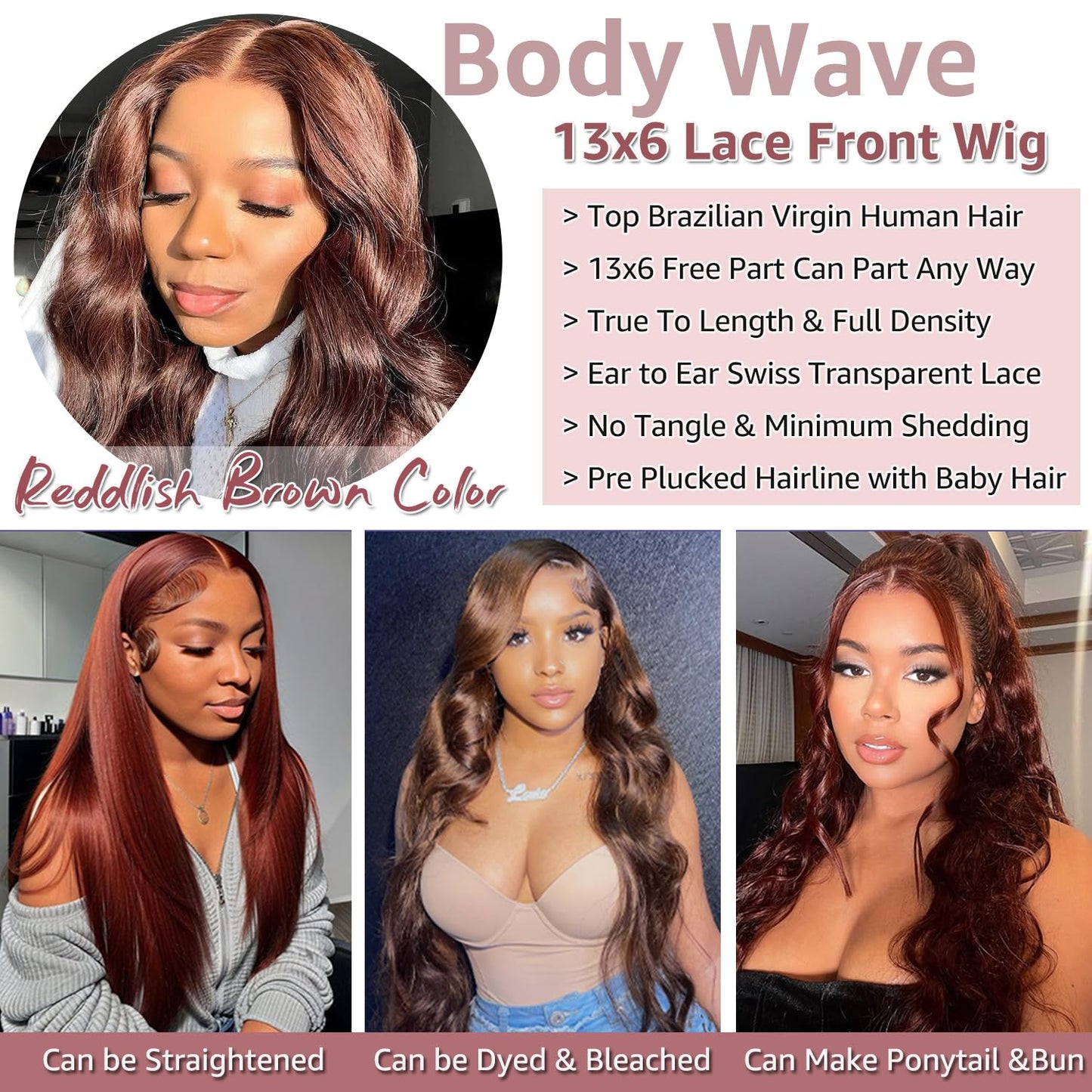 13X6 Reddish Brown Lace Front Wigs Human Hair Pre Plucked Body Wave 13X6 HD Lace Frontal Wig for Women 220% Density Auburn Brown Colored Frontal Wigs Human Hair 20 Inch