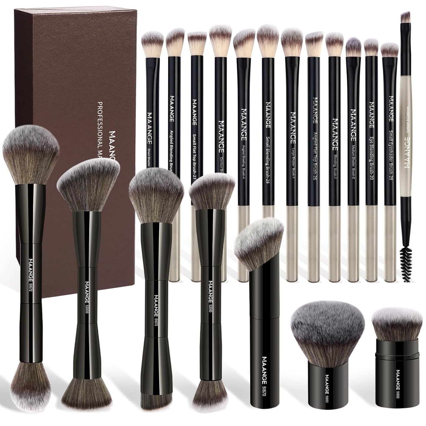 20 Pcs Makeup Brushes with Gift Box, Double-End Multi-Functional Makeup Brushes for Blending Liquid Powder Concealer Cream Blush Buffe,Coffeebrown