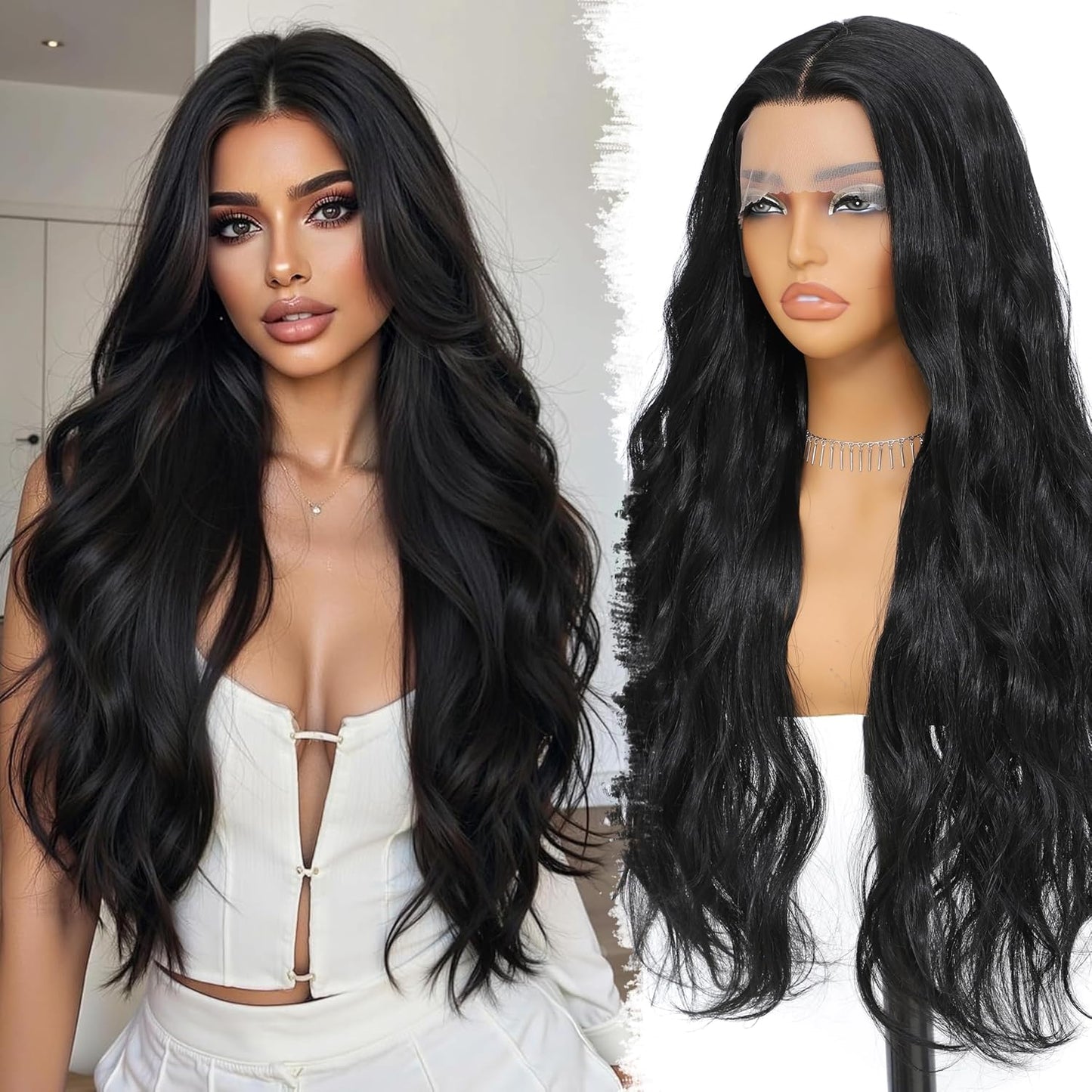 Skunk Synthetic Lace Front Wig 28 Inch Long Wavy Natural Wave Wigs 13×4×1 Pre Plucked Glueless Wig Synthetic Hair for Women Loose Body Wave with Natural Hairline Heat Resistant Synthetic Wavy Wig