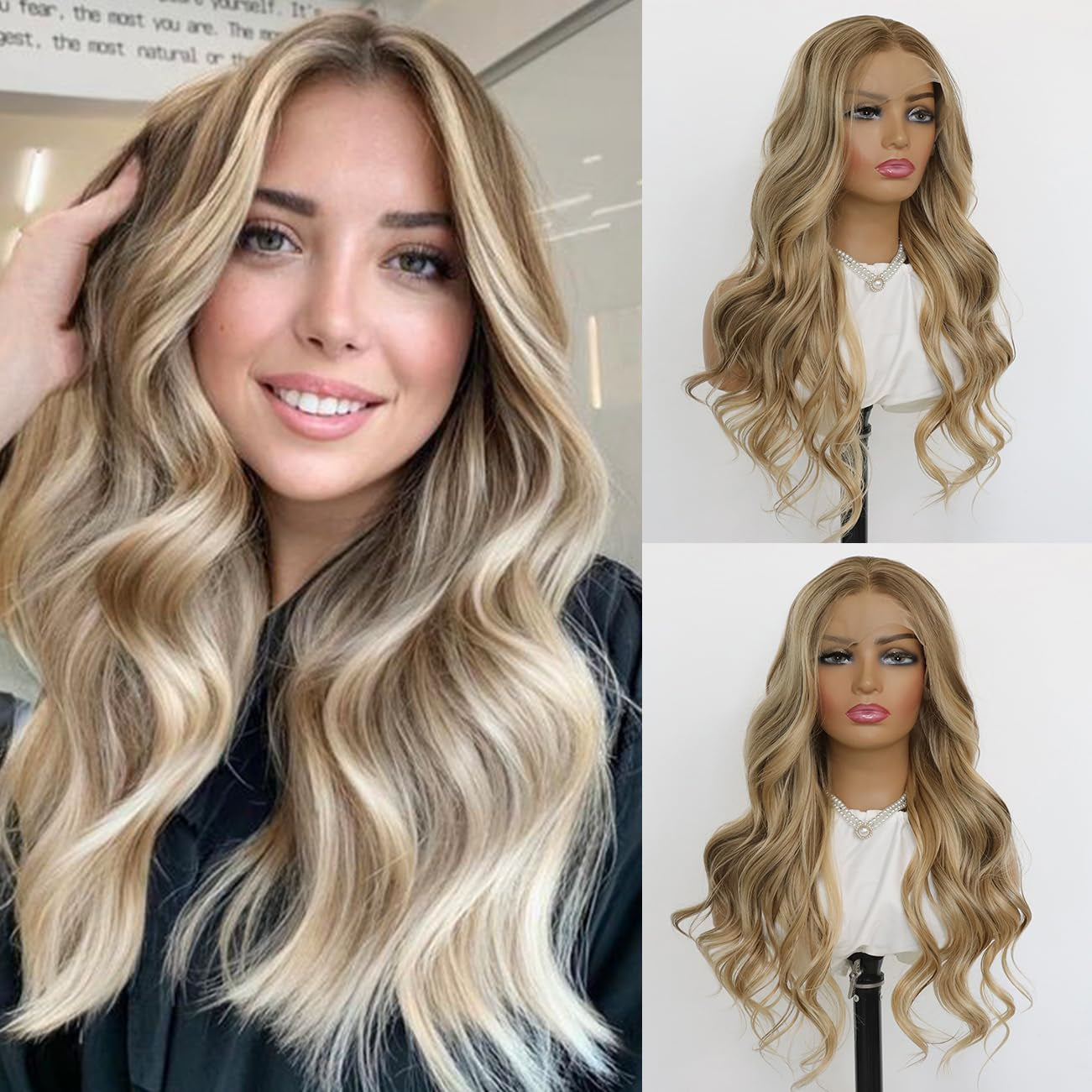 3 Tone Ombre Brown Synthetic Lace Front Wig for Women Glueless Long Straight Brown Colored 13X4 Lace Front Wig Pre Plucked 150 Density 24 Inches