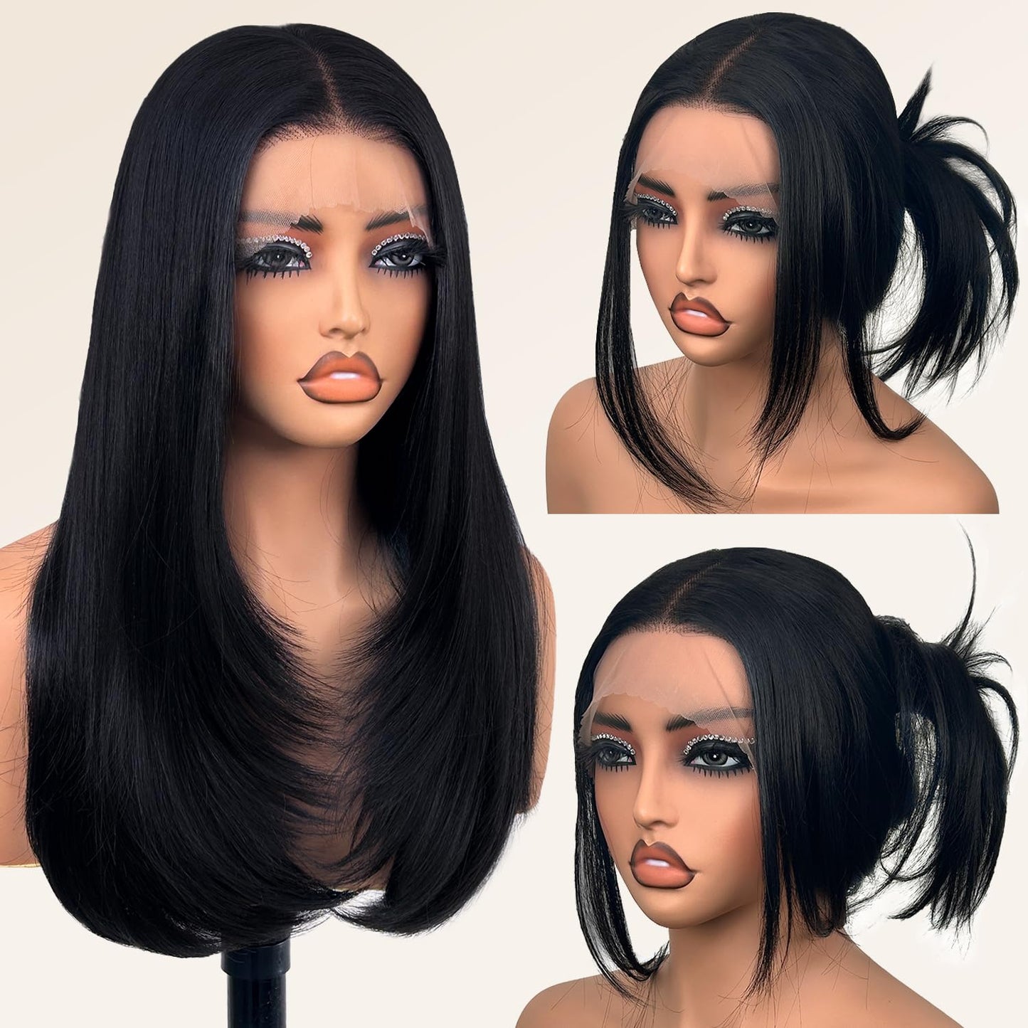 Glueless Synthetic Lace Front Wig 26 Inches Long Straight Black Wigs for Black Women 13X5X1 HD Lace Hand Tied Pre Plucked Hairline (#1B Natural Black, 26 Inch)