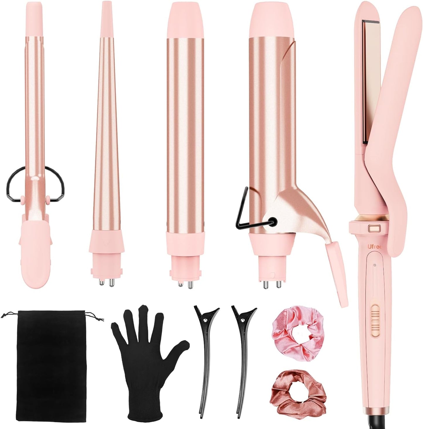 5 in 1 Curling Iron with Interchangeable Ceramic Barrels (0.35"-1.25"), Curling Wand Set with Flat Iron Hair Straightener, Instant Heat Up, Dual Voltage Hair Curler, Gifts for Women