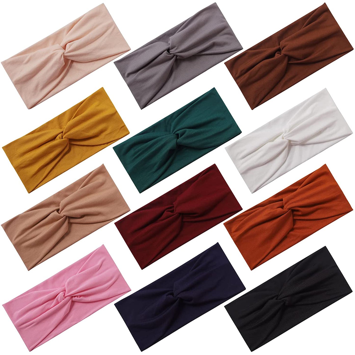 12 Pcs Stretchy Headbands for Women, Absorbed Sport Headband Soft Twist Knotted Hairbands for Daily Life Yoga Workout(Warm Morandi)
