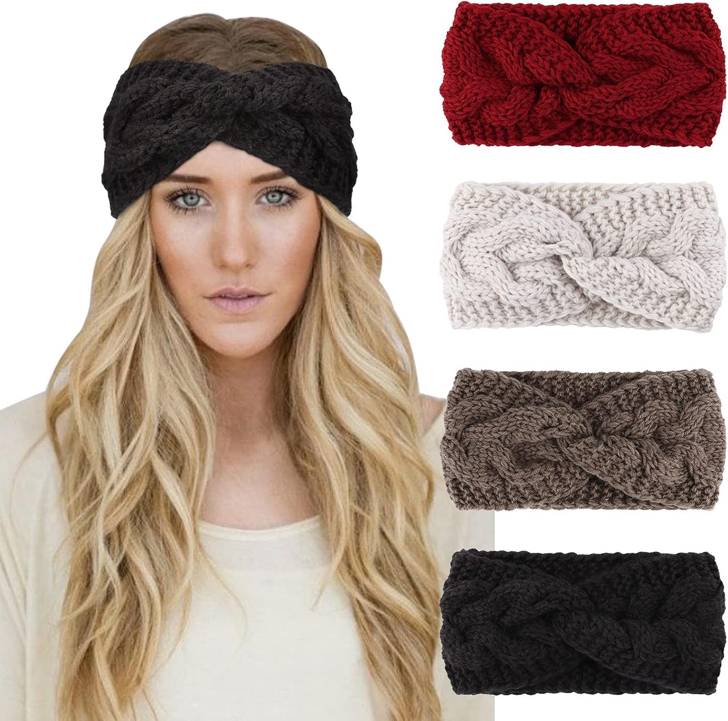 Winter Knit Chunky Headbands for Women Crochet Turban Knitted Ear Warmer Head Wrap Winter Accessories 4 Pack