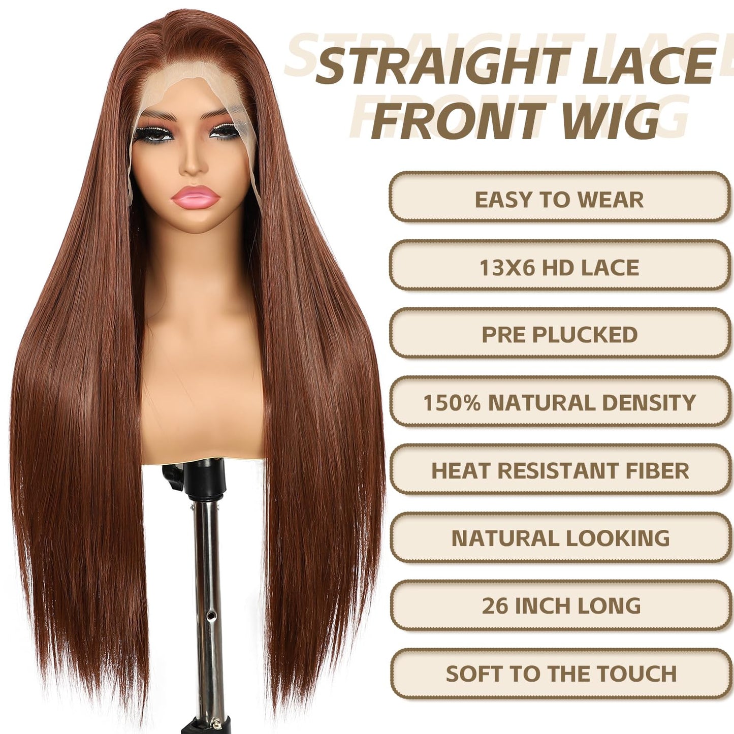 13X6 Auburn Brown Glueless Wig Synthetic Long Straight Lace Front Wigs for Women Pre-Plucked Ready to Wear Upgraded with Premium Fiber 26 Inch Daily Party Use