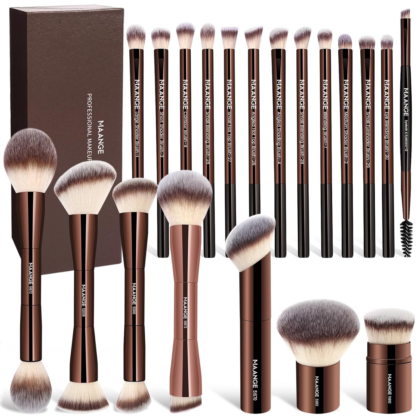 20 Pcs Makeup Brushes with Gift Box, Double-End Multi-Functional Makeup Brushes for Blending Liquid Powder Concealer Cream Blush Buffe,Coffeebrown
