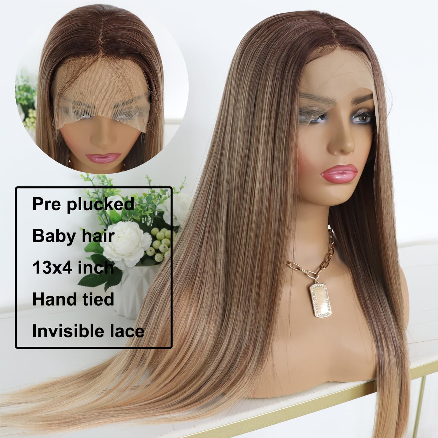 3 Tone Ombre Brown Synthetic Lace Front Wig for Women Glueless Long Straight Brown Colored 13X4 Lace Front Wig Pre Plucked 150 Density 24 Inches