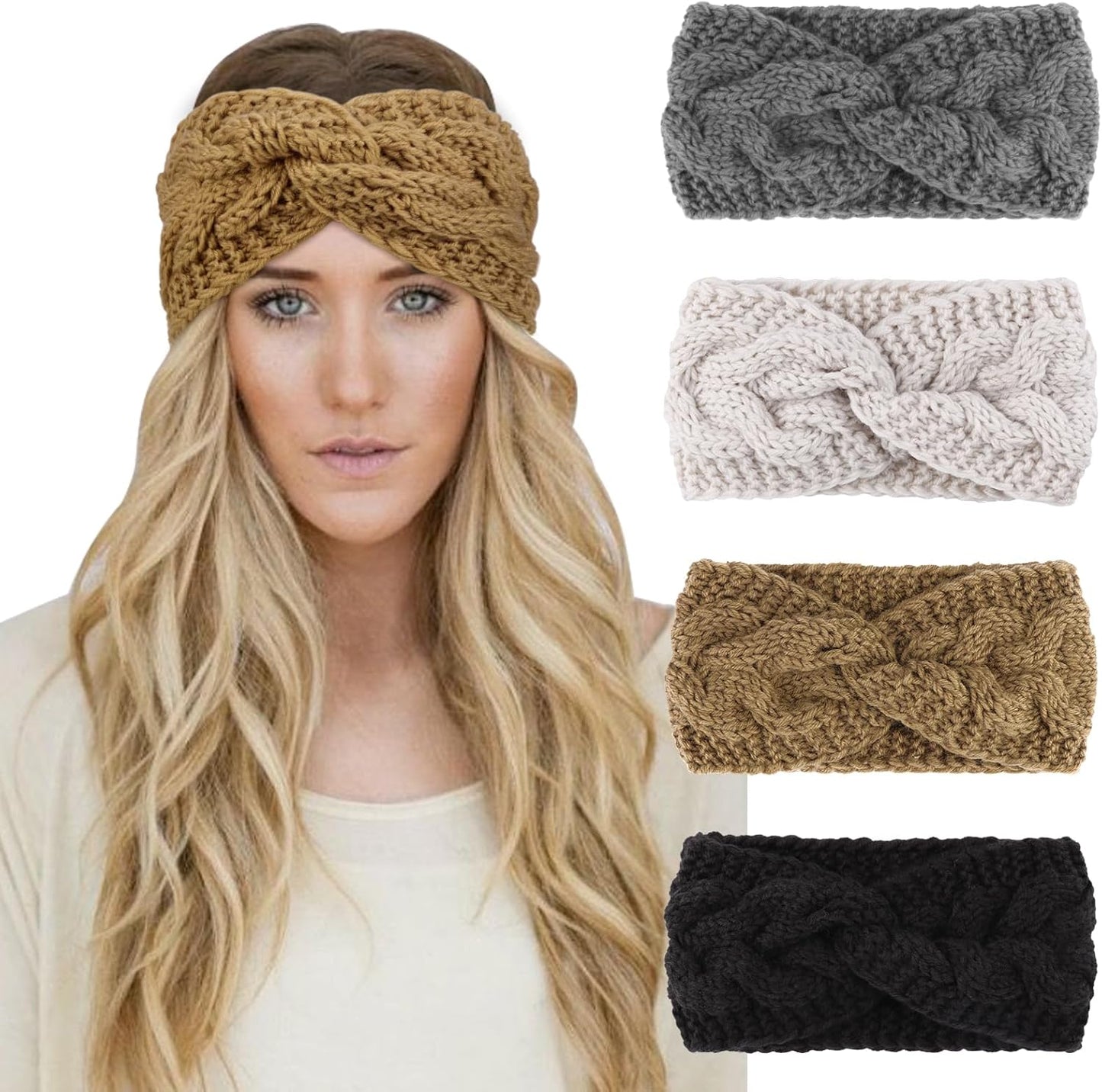 Winter Knit Chunky Headbands for Women Crochet Turban Knitted Ear Warmer Head Wrap Winter Accessories 4 Pack