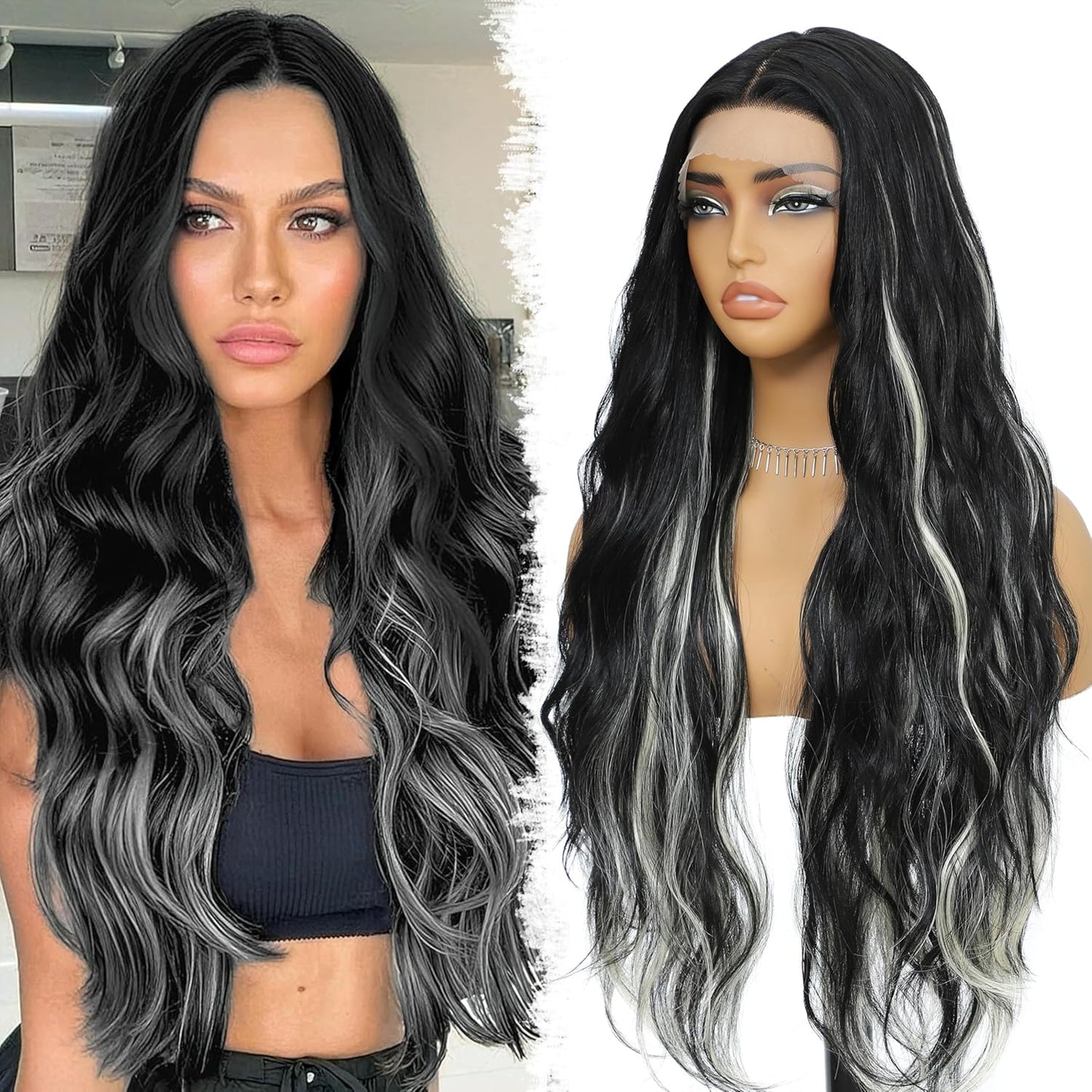 Skunk Synthetic Lace Front Wig 28 Inch Long Wavy Natural Wave Wigs 13×4×1 Pre Plucked Glueless Wig Synthetic Hair for Women Loose Body Wave with Natural Hairline Heat Resistant Synthetic Wavy Wig