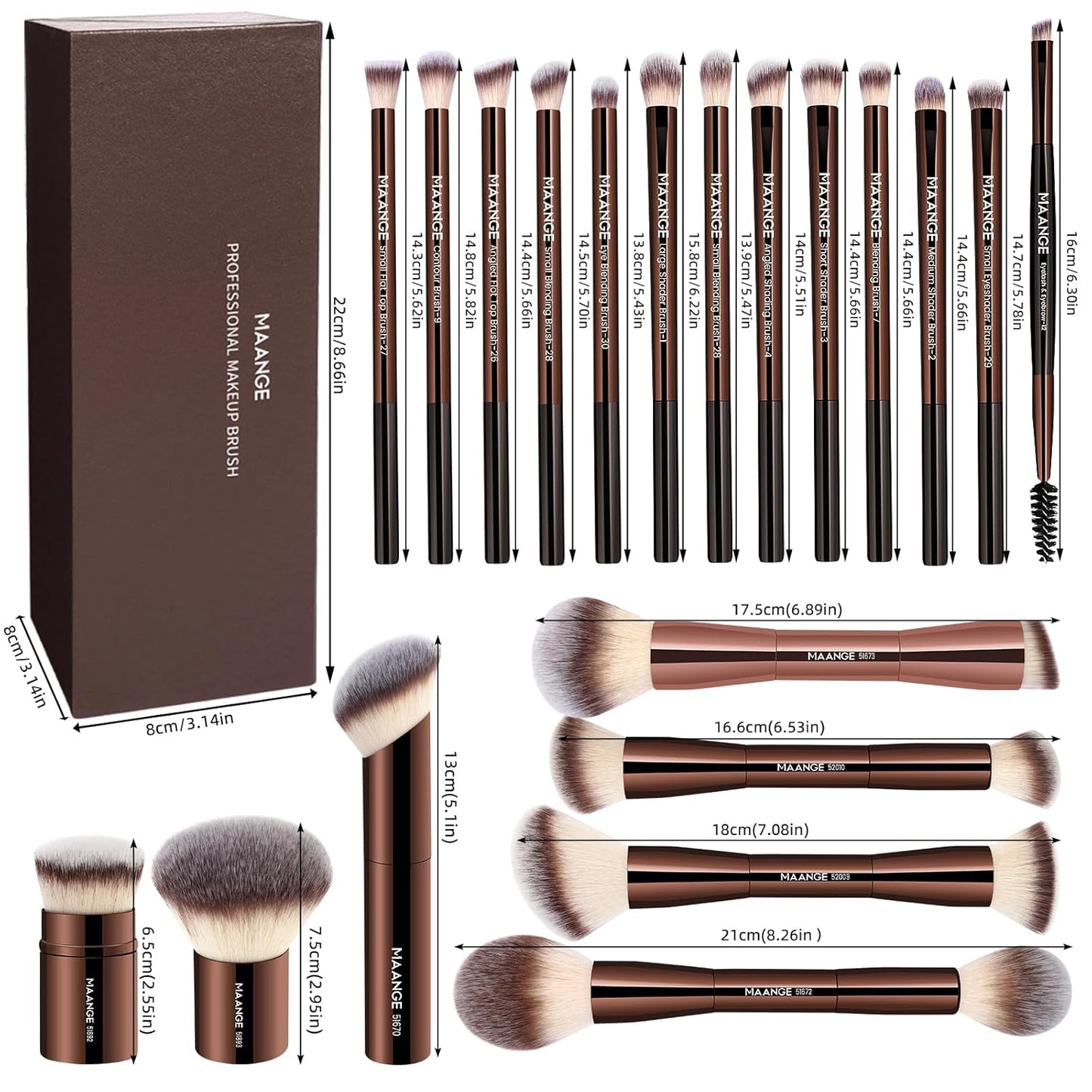 20 Pcs Makeup Brushes with Gift Box, Double-End Multi-Functional Makeup Brushes for Blending Liquid Powder Concealer Cream Blush Buffe,Coffeebrown