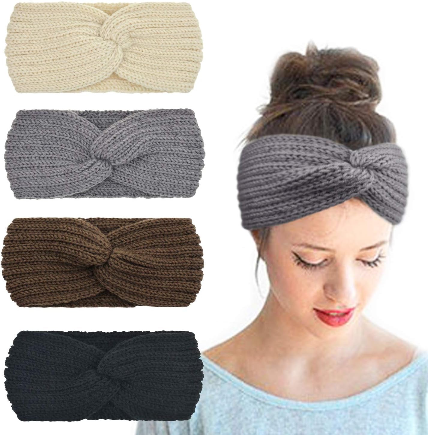 Winter Knit Chunky Headbands for Women Crochet Turban Knitted Ear Warmer Head Wrap Winter Accessories 4 Pack