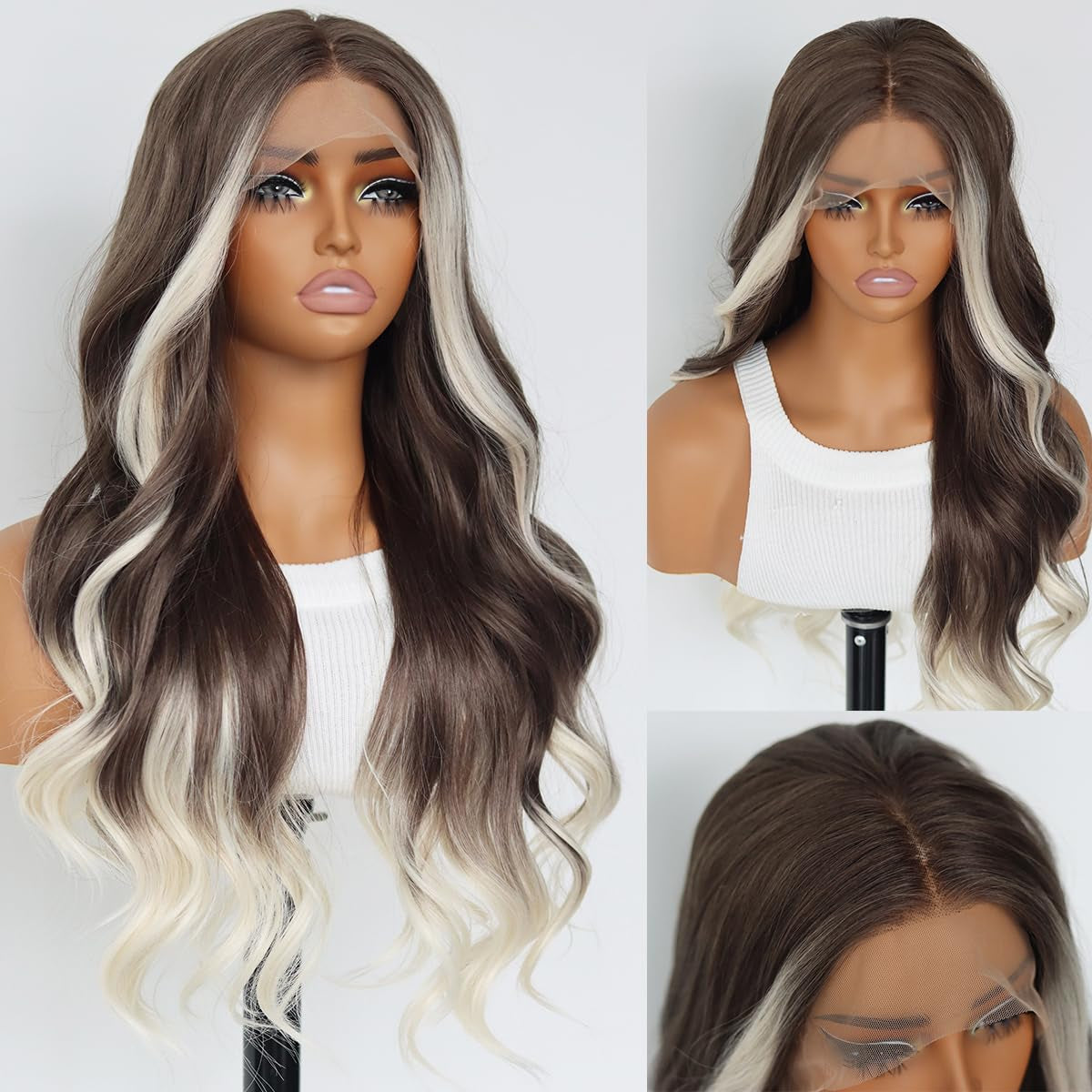 3 Tone Ombre Brown Synthetic Lace Front Wig for Women Glueless Long Straight Brown Colored 13X4 Lace Front Wig Pre Plucked 150 Density 24 Inches