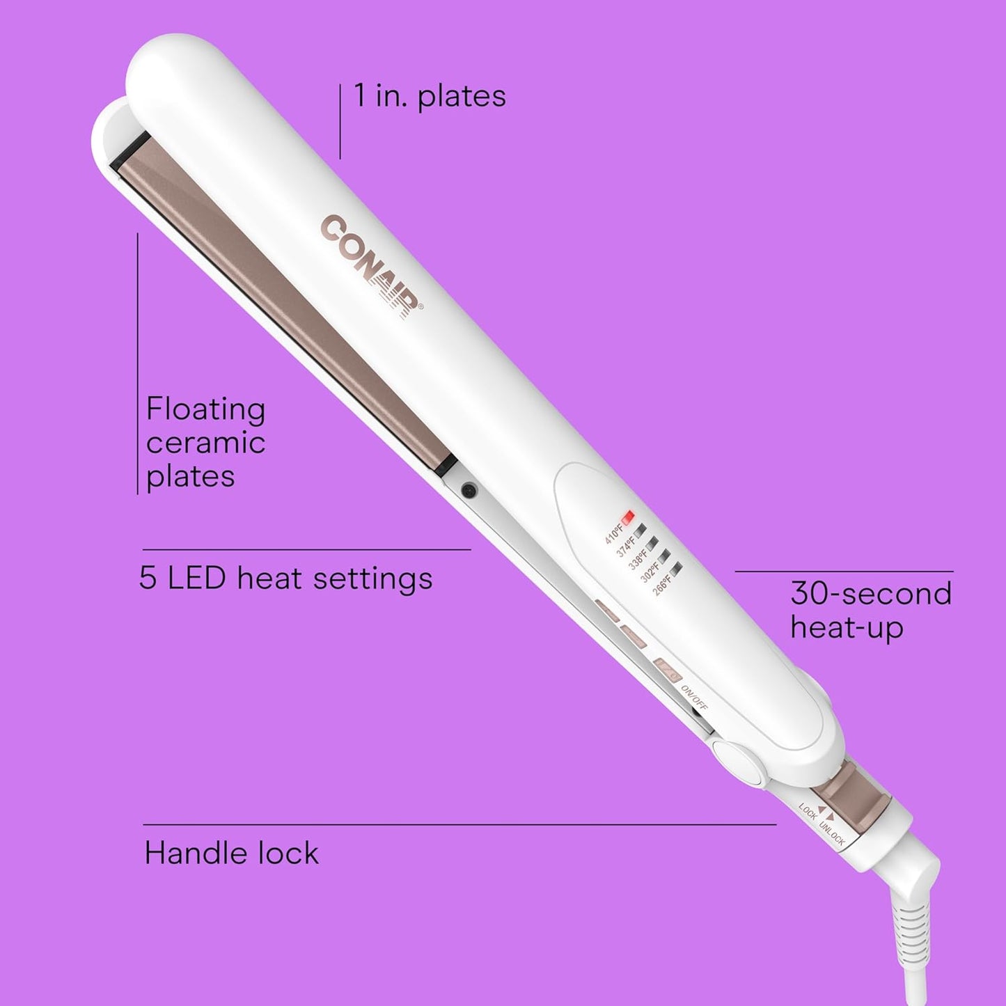 Double Ceramic Flat Iron, 1-Inch Flat Iron Hair Straightener, Five Heat Settings, Extra Long Floating Plates, White