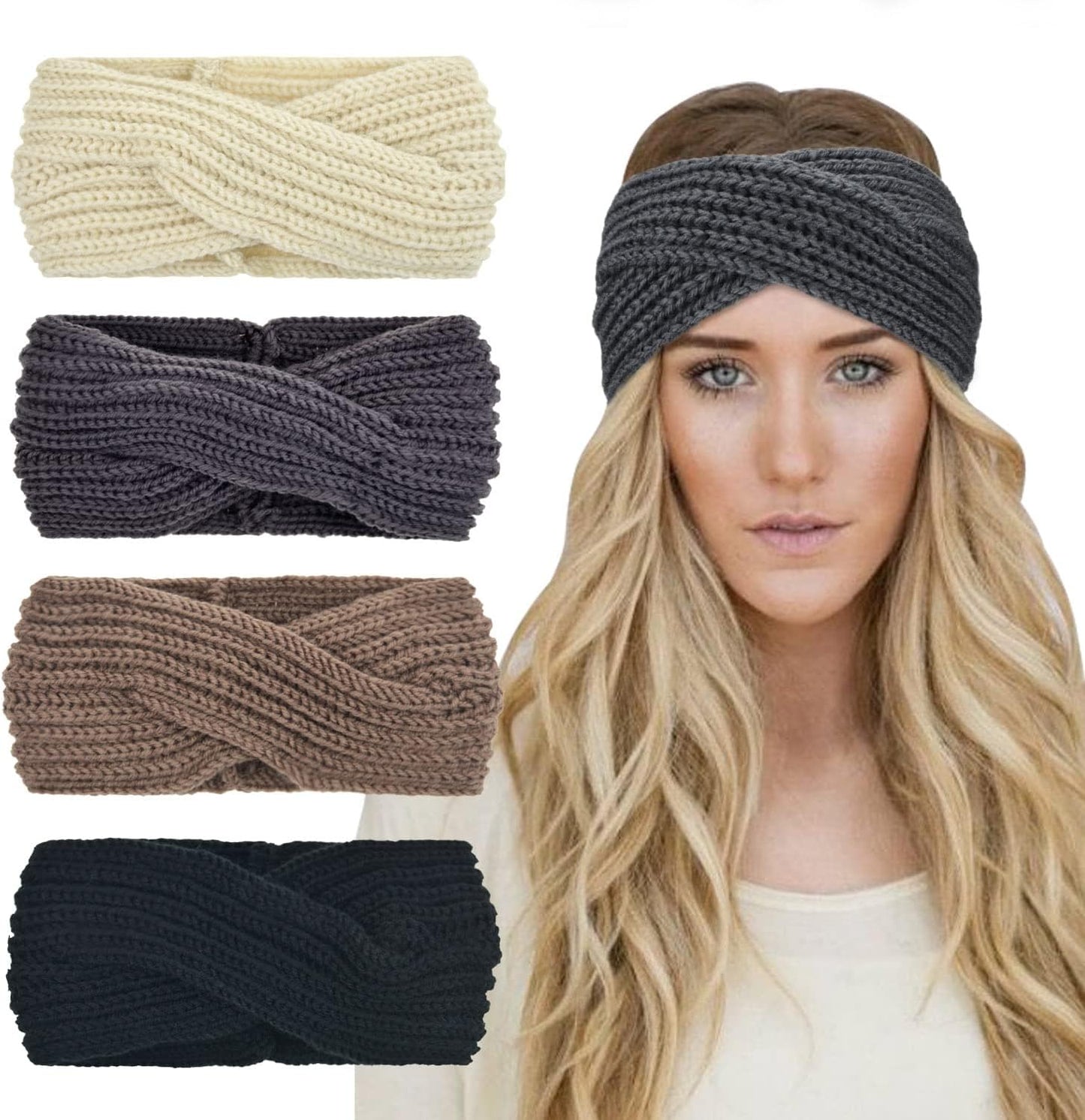 Winter Knit Chunky Headbands for Women Crochet Turban Knitted Ear Warmer Head Wrap Winter Accessories 4 Pack
