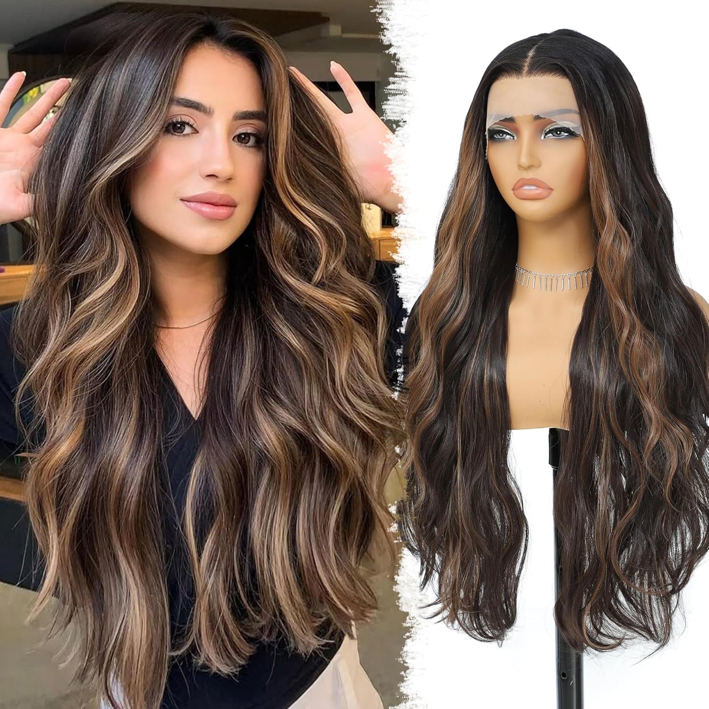 Skunk Synthetic Lace Front Wig 28 Inch Long Wavy Natural Wave Wigs 13×4×1 Pre Plucked Glueless Wig Synthetic Hair for Women Loose Body Wave with Natural Hairline Heat Resistant Synthetic Wavy Wig