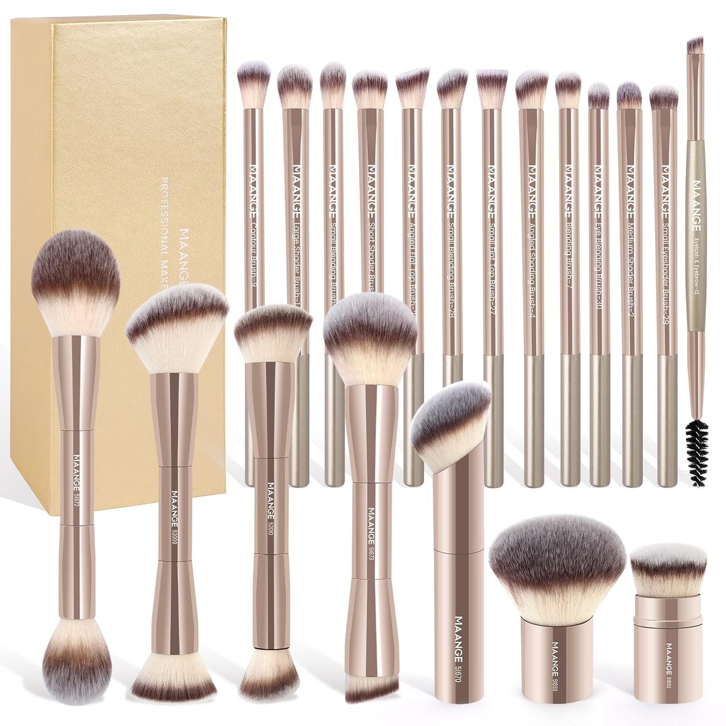 20 Pcs Makeup Brushes with Gift Box, Double-End Multi-Functional Makeup Brushes for Blending Liquid Powder Concealer Cream Blush Buffe,Coffeebrown