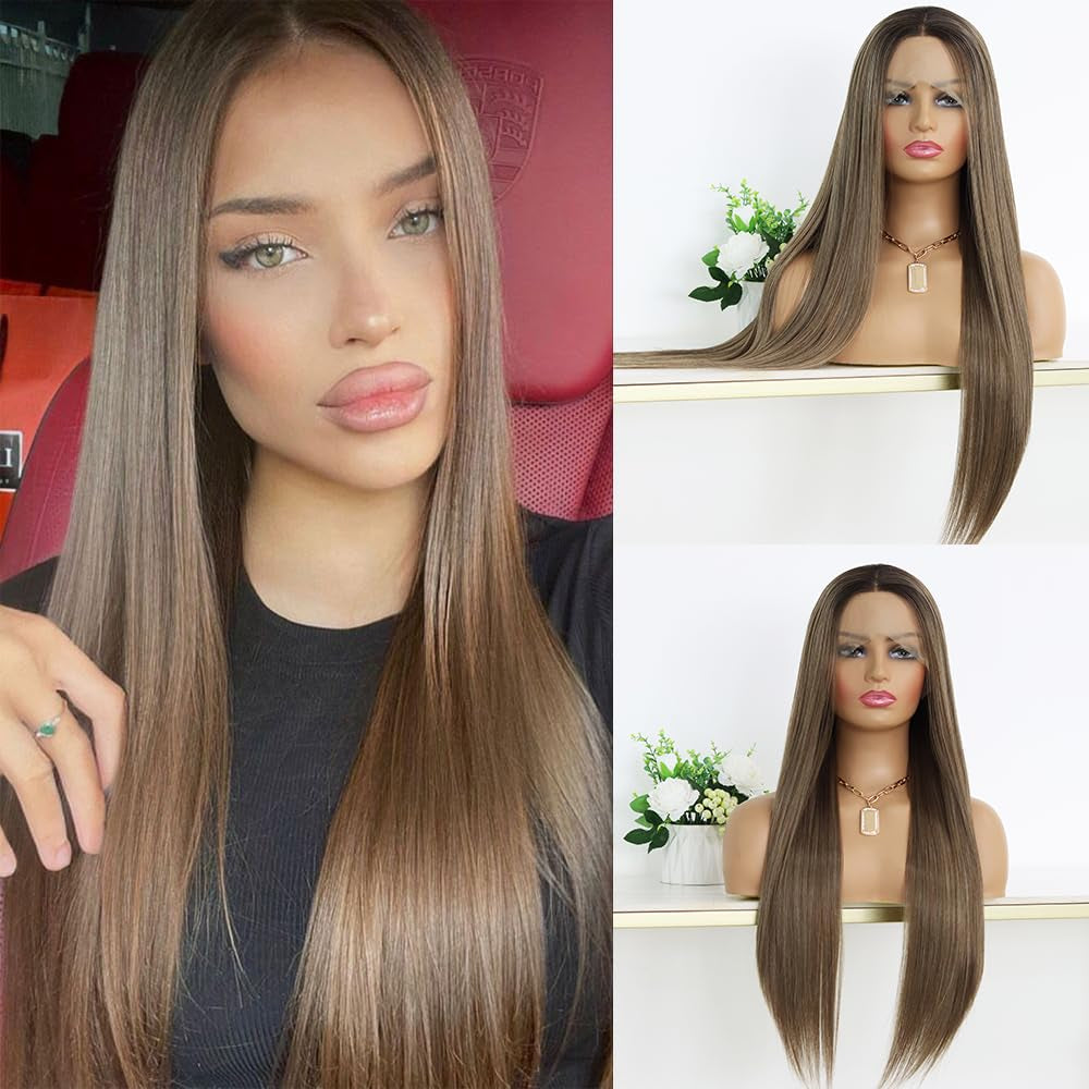 3 Tone Ombre Brown Synthetic Lace Front Wig for Women Glueless Long Straight Brown Colored 13X4 Lace Front Wig Pre Plucked 150 Density 24 Inches