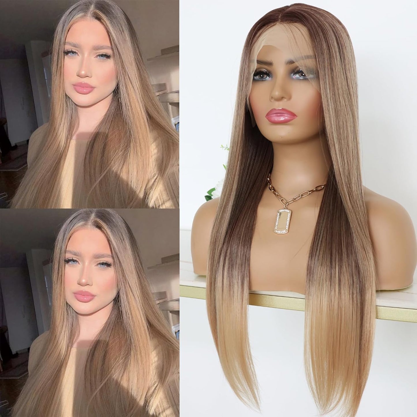 3 Tone Ombre Brown Synthetic Lace Front Wig for Women Glueless Long Straight Brown Colored 13X4 Lace Front Wig Pre Plucked 150 Density 24 Inches