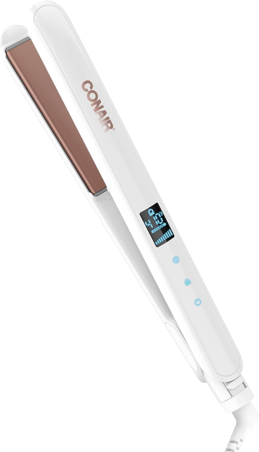 Double Ceramic Flat Iron, 1-Inch Flat Iron Hair Straightener, Five Heat Settings, Extra Long Floating Plates, White