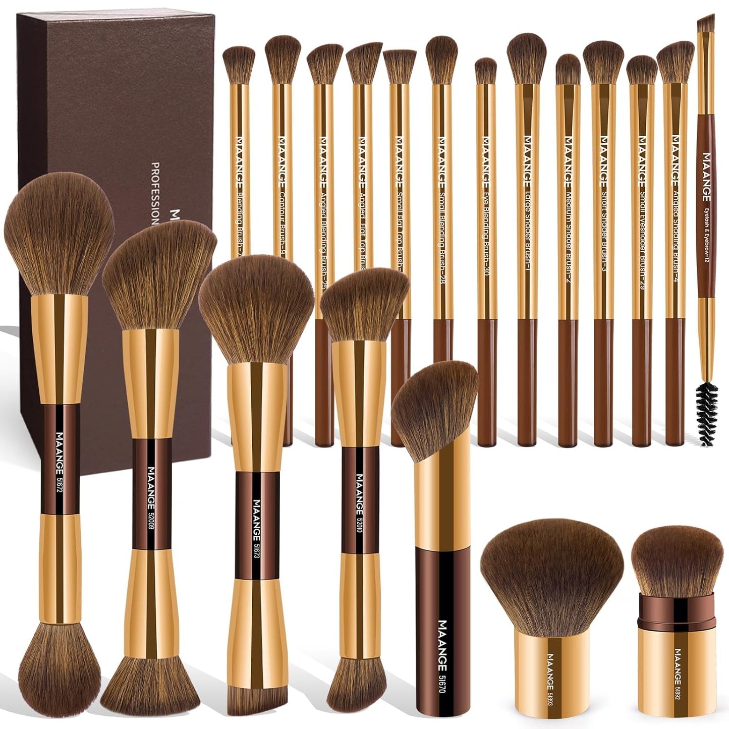 20 Pcs Makeup Brushes with Gift Box, Double-End Multi-Functional Makeup Brushes for Blending Liquid Powder Concealer Cream Blush Buffe,Coffeebrown