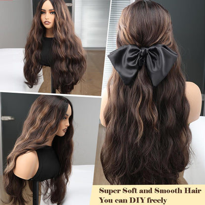 Skunk Synthetic Lace Front Wig 28 Inch Long Wavy Natural Wave Wigs 13×4×1 Pre Plucked Glueless Wig Synthetic Hair for Women Loose Body Wave with Natural Hairline Heat Resistant Synthetic Wavy Wig