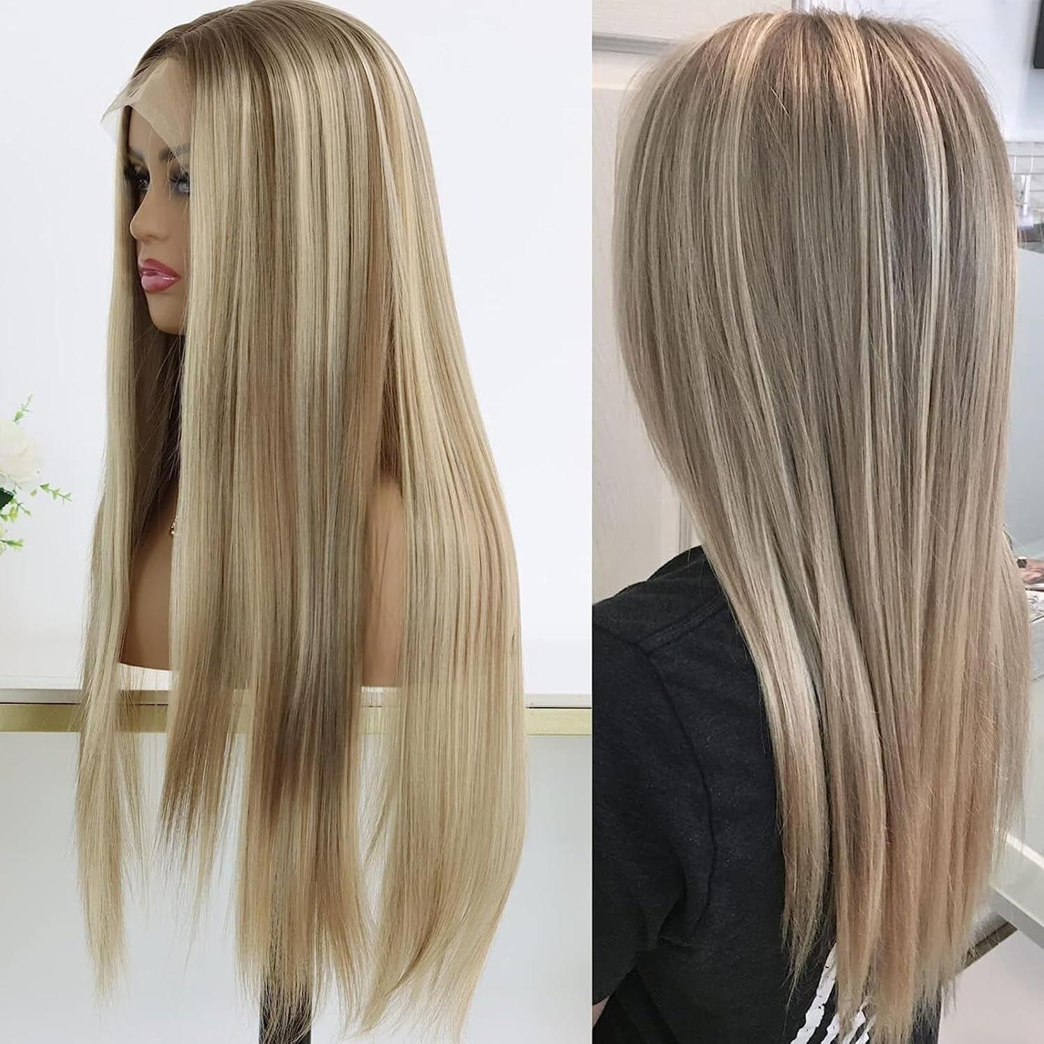 3 Tone Ombre Brown Synthetic Lace Front Wig for Women Glueless Long Straight Brown Colored 13X4 Lace Front Wig Pre Plucked 150 Density 24 Inches