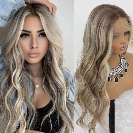 3 Tone Ombre Brown Synthetic Lace Front Wig for Women Glueless Long Straight Brown Colored 13X4 Lace Front Wig Pre Plucked 150 Density 24 Inches