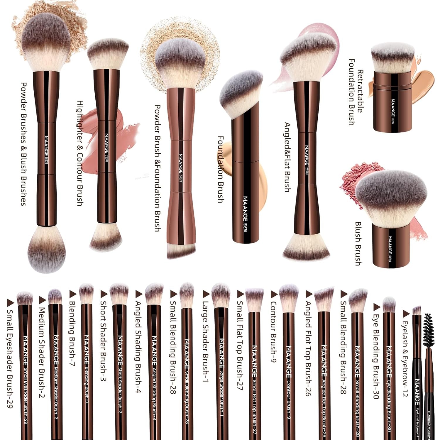 20 Pcs Makeup Brushes with Gift Box, Double-End Multi-Functional Makeup Brushes for Blending Liquid Powder Concealer Cream Blush Buffe,Coffeebrown