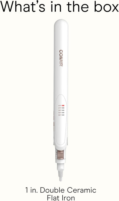 Double Ceramic Flat Iron, 1-Inch Flat Iron Hair Straightener, Five Heat Settings, Extra Long Floating Plates, White