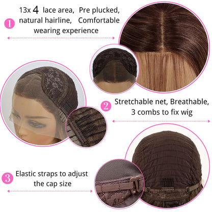 3 Tone Ombre Brown Synthetic Lace Front Wig for Women Glueless Long Straight Brown Colored 13X4 Lace Front Wig Pre Plucked 150 Density 24 Inches