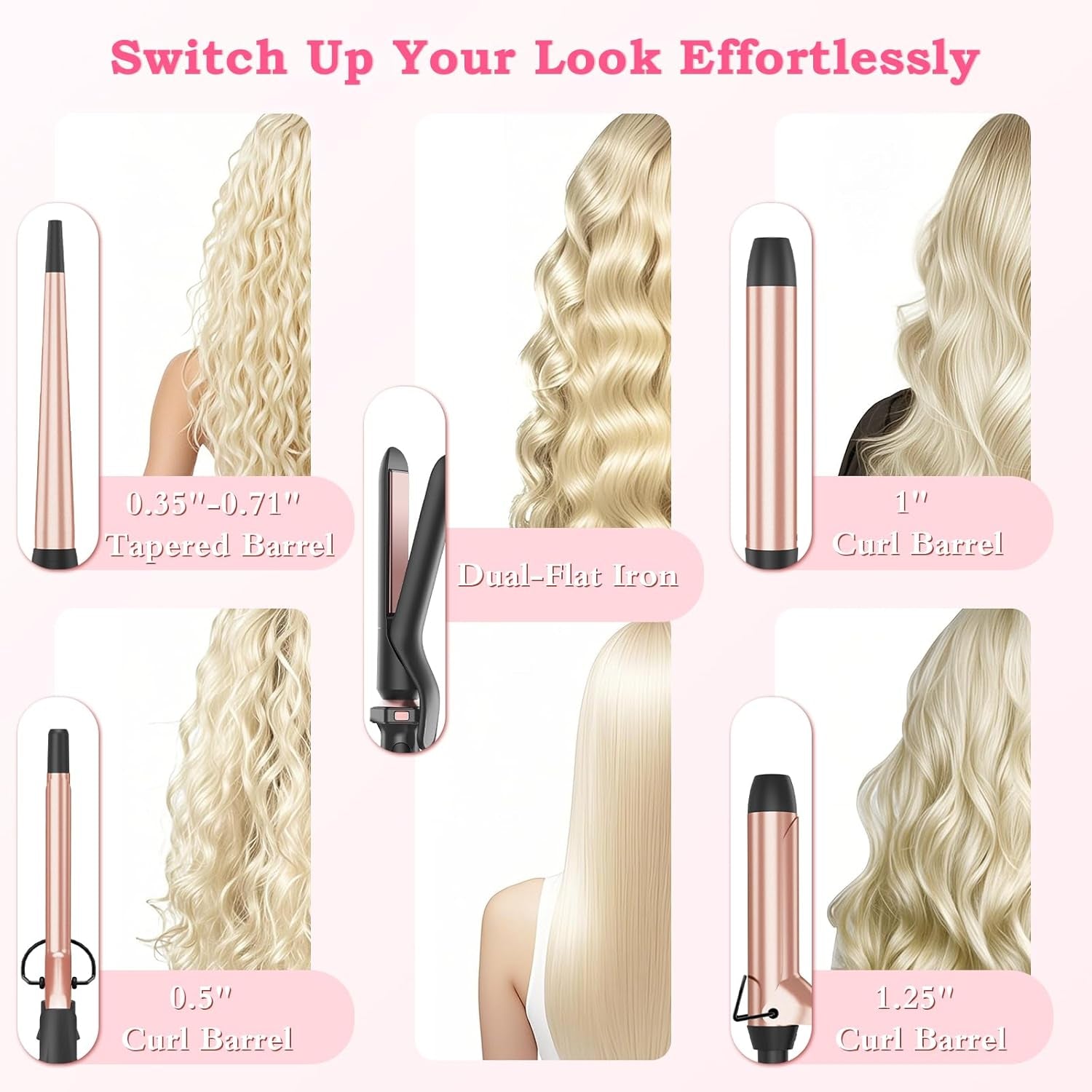 5 in 1 Curling Iron with Interchangeable Ceramic Barrels (0.35"-1.25"), Curling Wand Set with Flat Iron Hair Straightener, Instant Heat Up, Dual Voltage Hair Curler, Gifts for Women