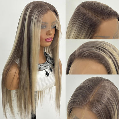 3 Tone Ombre Brown Synthetic Lace Front Wig for Women Glueless Long Straight Brown Colored 13X4 Lace Front Wig Pre Plucked 150 Density 24 Inches
