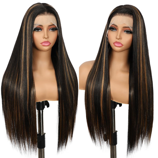 13X6 Auburn Brown Glueless Wig Synthetic Long Straight Lace Front Wigs for Women Pre-Plucked Ready to Wear Upgraded with Premium Fiber 26 Inch Daily Party Use
