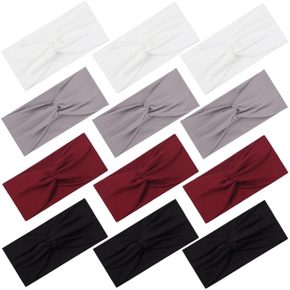 12 Pcs Stretchy Headbands for Women, Absorbed Sport Headband Soft Twist Knotted Hairbands for Daily Life Yoga Workout(Warm Morandi)