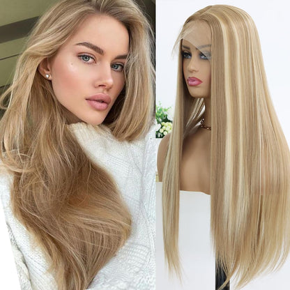 3 Tone Ombre Brown Synthetic Lace Front Wig for Women Glueless Long Straight Brown Colored 13X4 Lace Front Wig Pre Plucked 150 Density 24 Inches