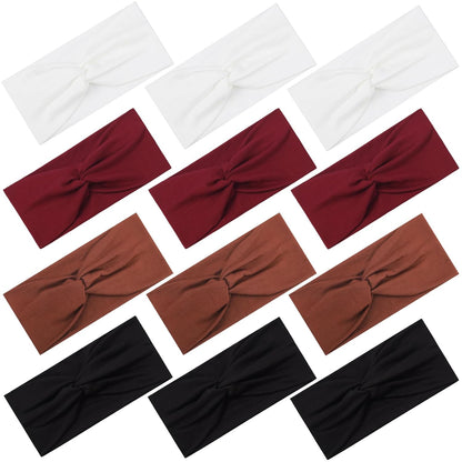 12 Pcs Stretchy Headbands for Women, Absorbed Sport Headband Soft Twist Knotted Hairbands for Daily Life Yoga Workout(Warm Morandi)